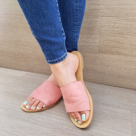 Suede Slip on Slider Pink Flat Sandals - Picture 10 of 15